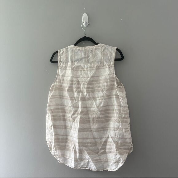 Sleeveless Linen Popover Blouse Tan Cream Stripes Neutral Ellen Tracy Size Large - Picture 2 of 7